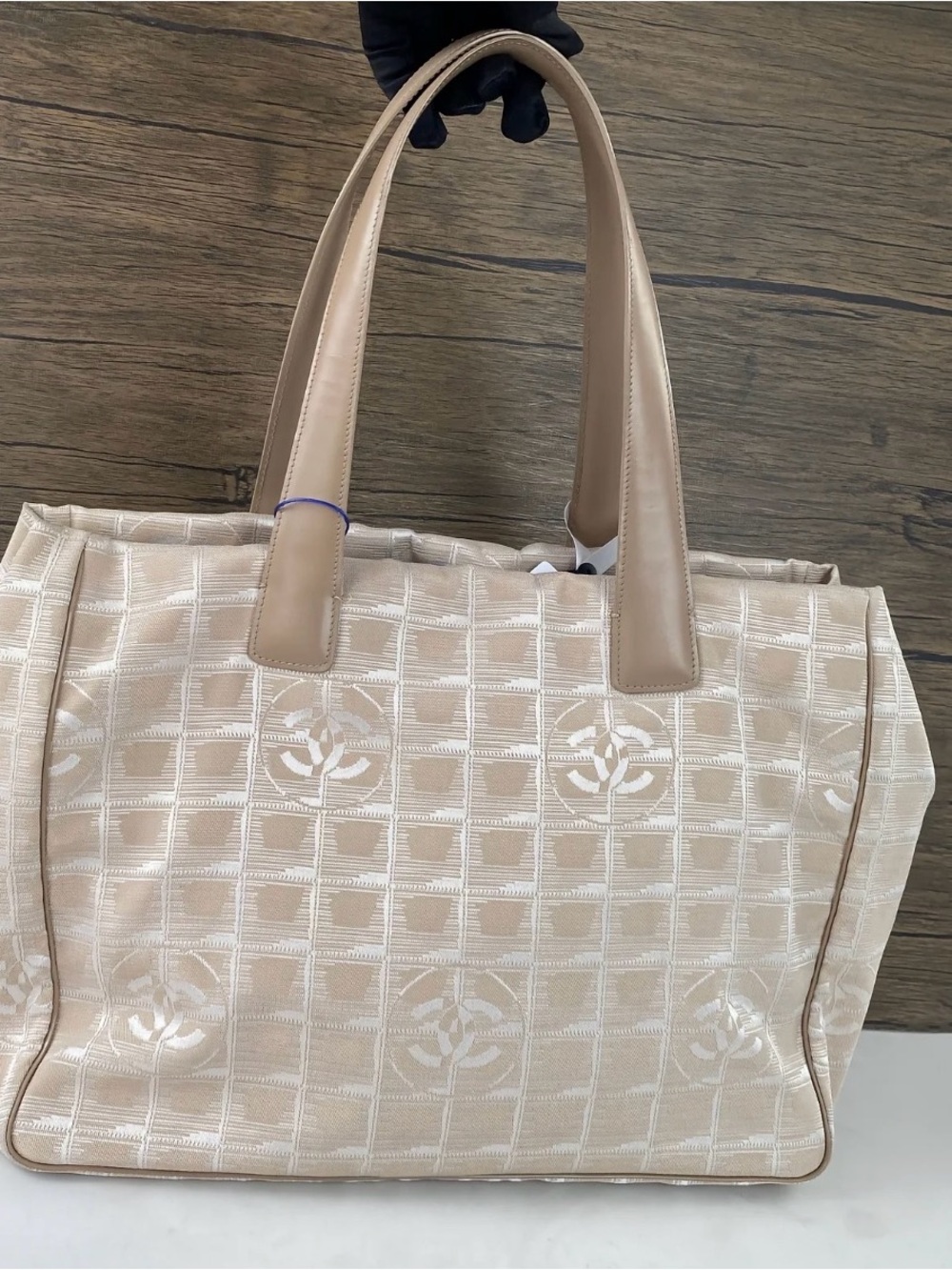 CHANEL Beige Patterned Canvas Tote with Leather Handles